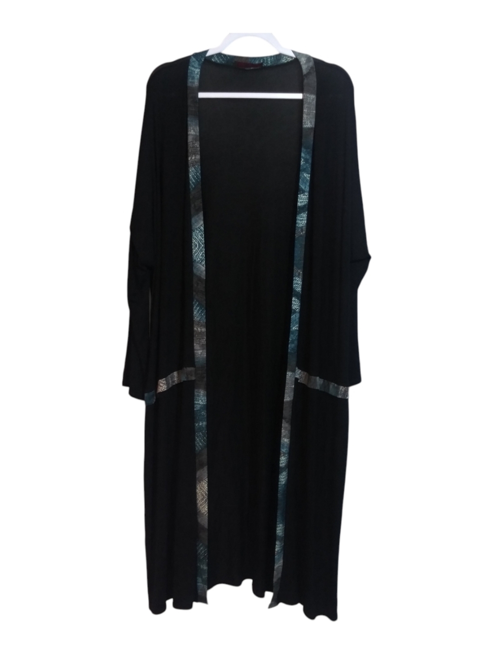 Verda Long Black Open Front Longline Cardigan with Teal Trim Turkish Size XXL